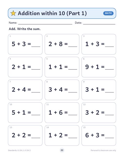 Addition within 10 worksheet preview