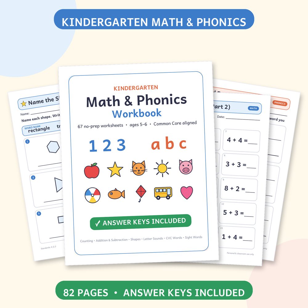 Kindergarten Math and Phonics Workbook cover with sample pages